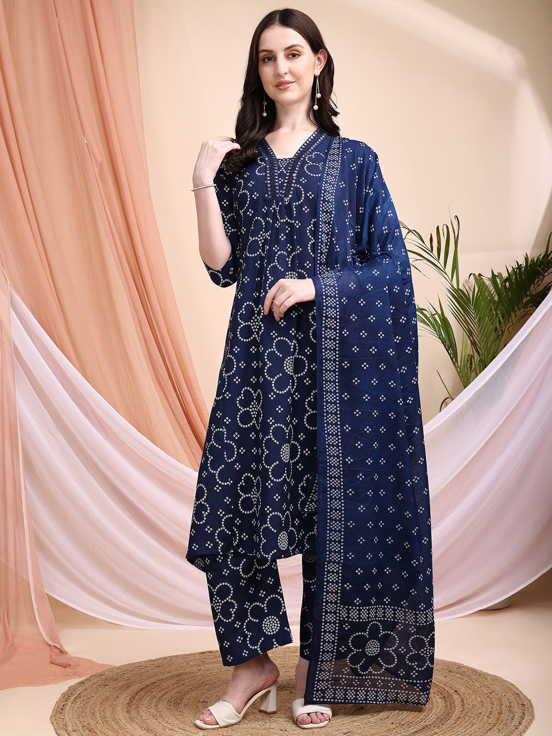 Navy blue A-line Bandhni printed rayon kurta with embroidery and matching dupatta