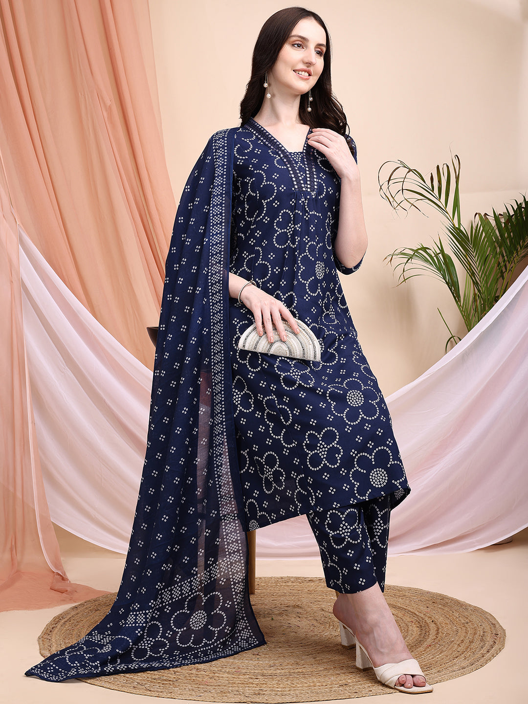 Navy Blue A-Line Bandhni Printed Kurta Set with Embroidery