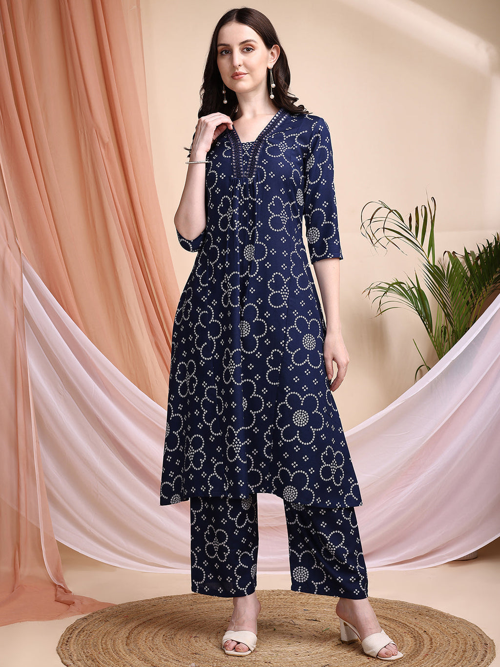 Navy Blue A-Line Bandhni Printed Kurta Set with Embroidery