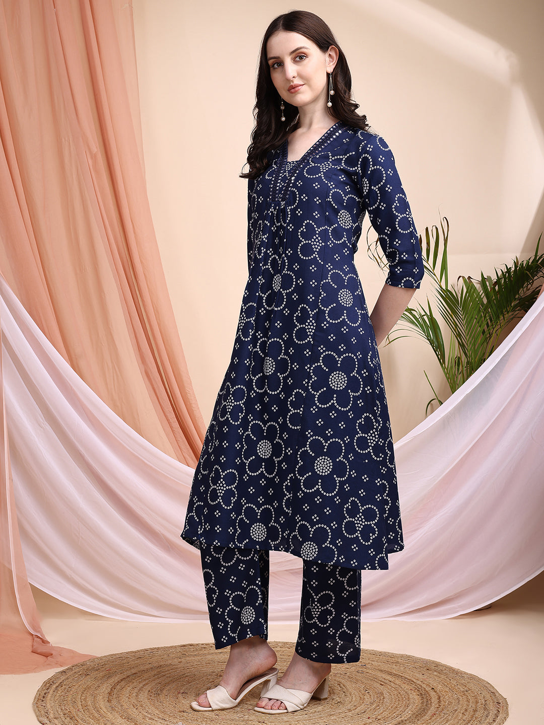 Navy Blue A-Line Bandhni Printed Kurta Set with Embroidery