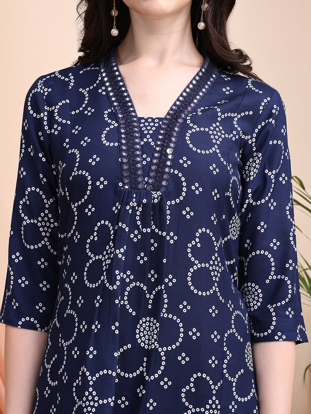 Navy Blue A-Line Bandhni Printed Kurta Set with Embroidery