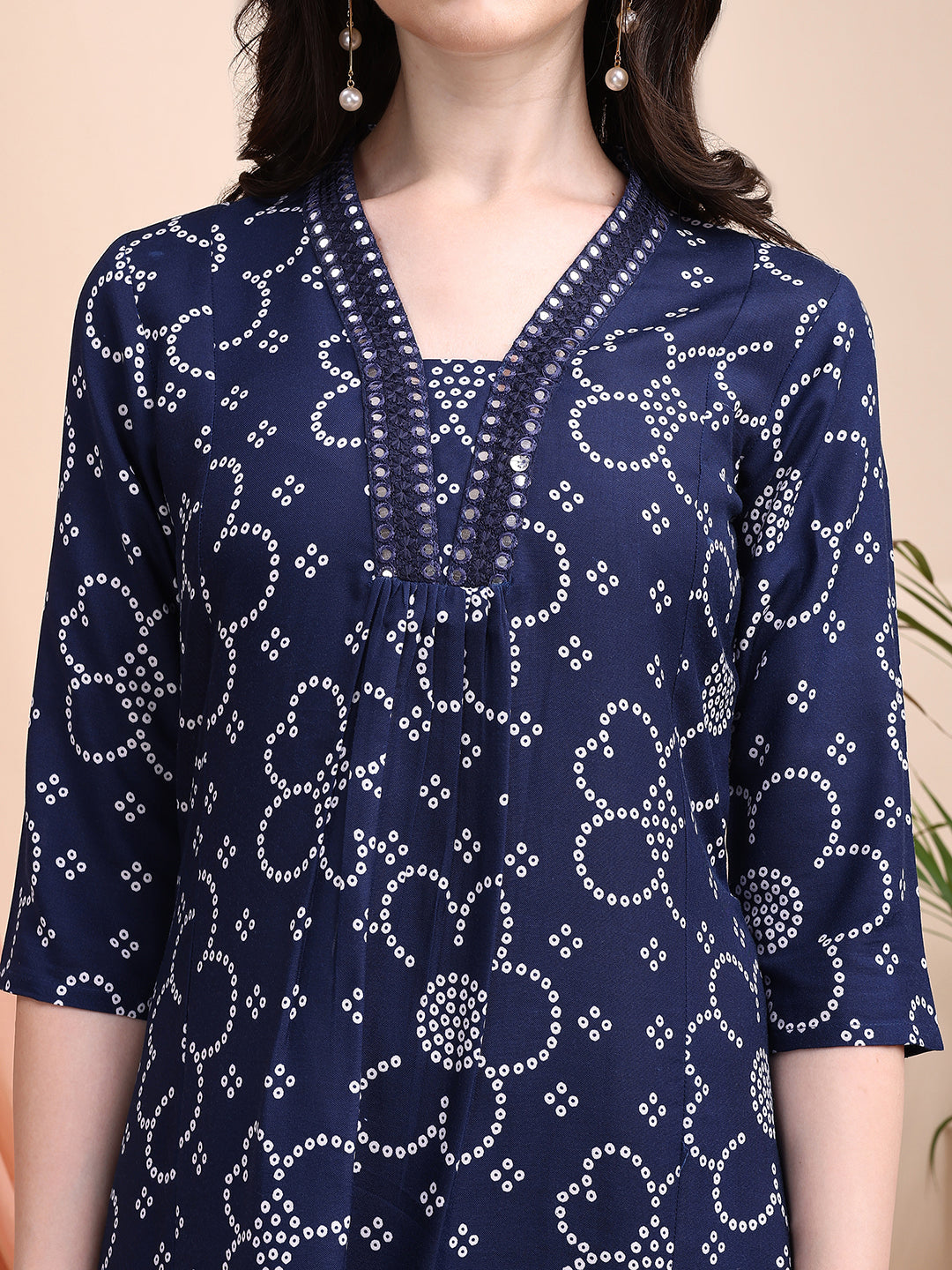 Navy Blue A-Line Bandhni Printed Kurta Set with Embroidery