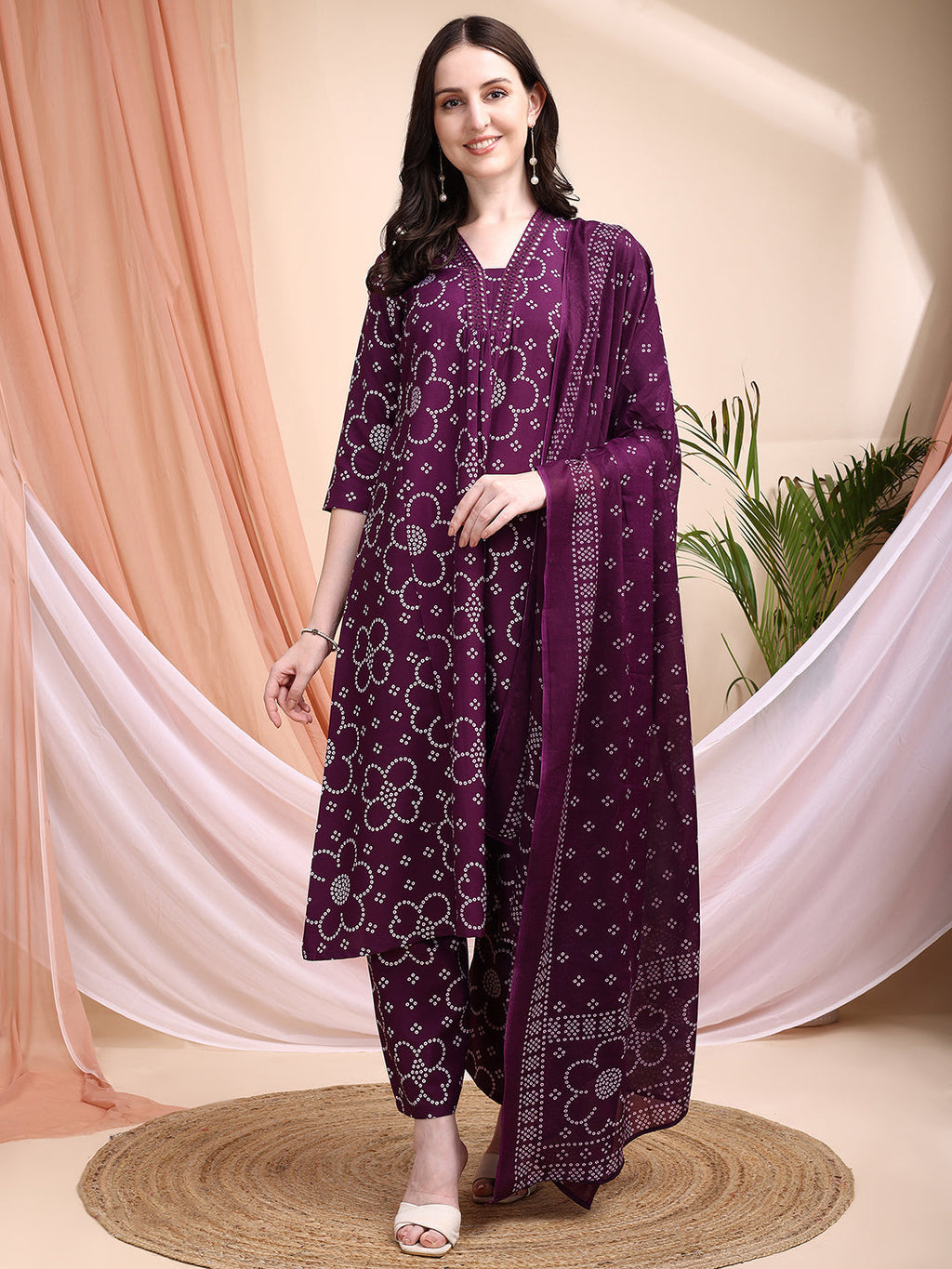 Purple A-line Bandhni printed cotton kurta set with embroidery and dupatta