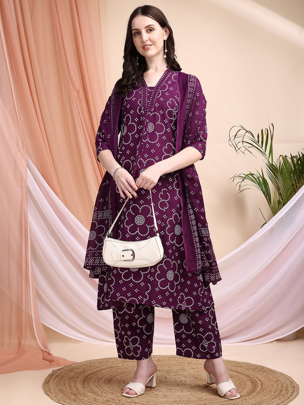 Purple A-Line Embroidered Bandhni Printed Kurta Set