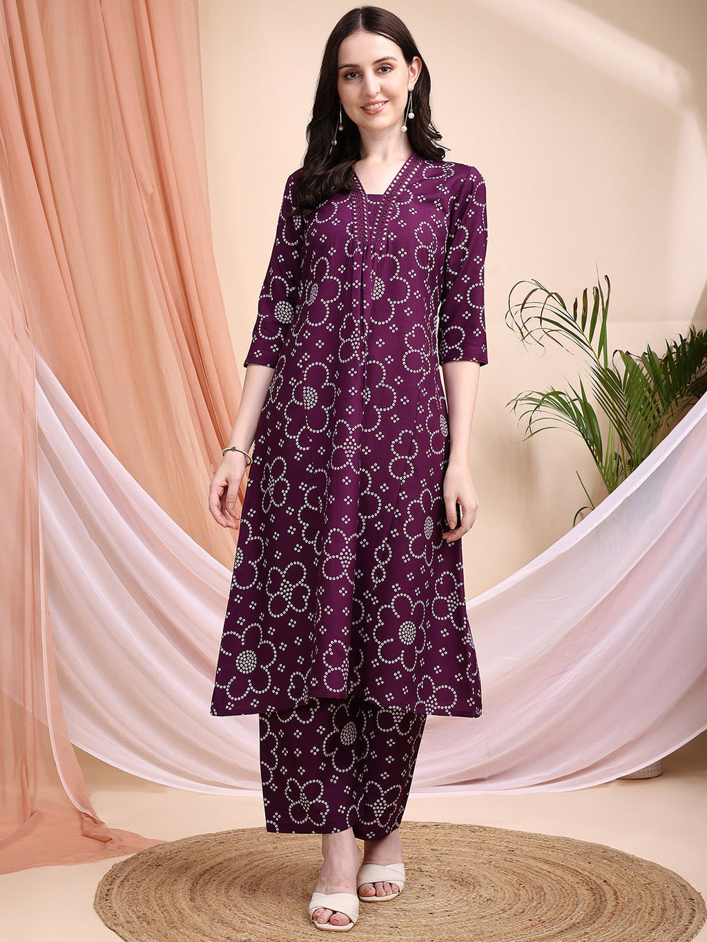 Purple A-Line Embroidered Bandhni Printed Kurta Set