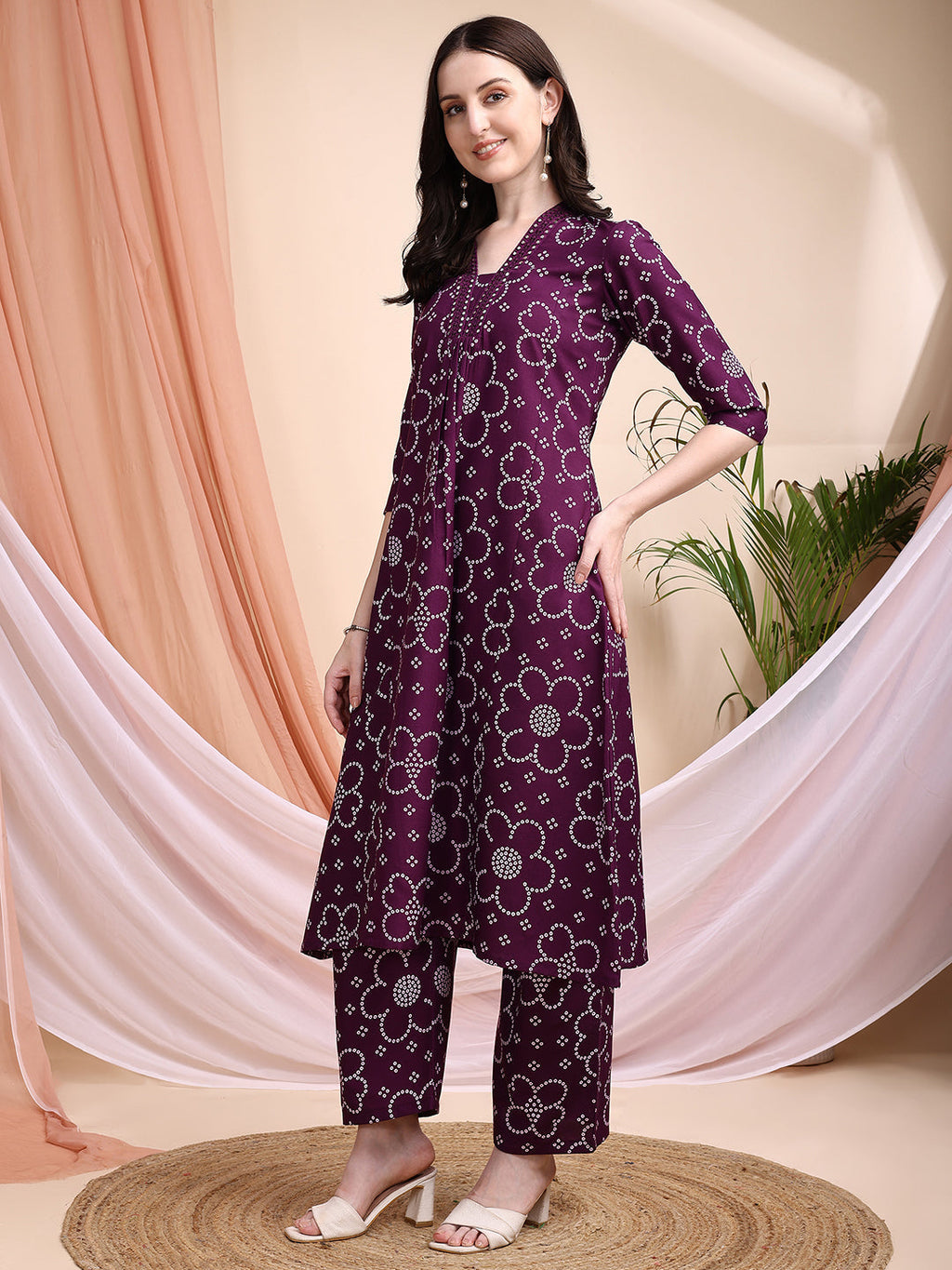 Purple A-Line Embroidered Bandhni Printed Kurta Set