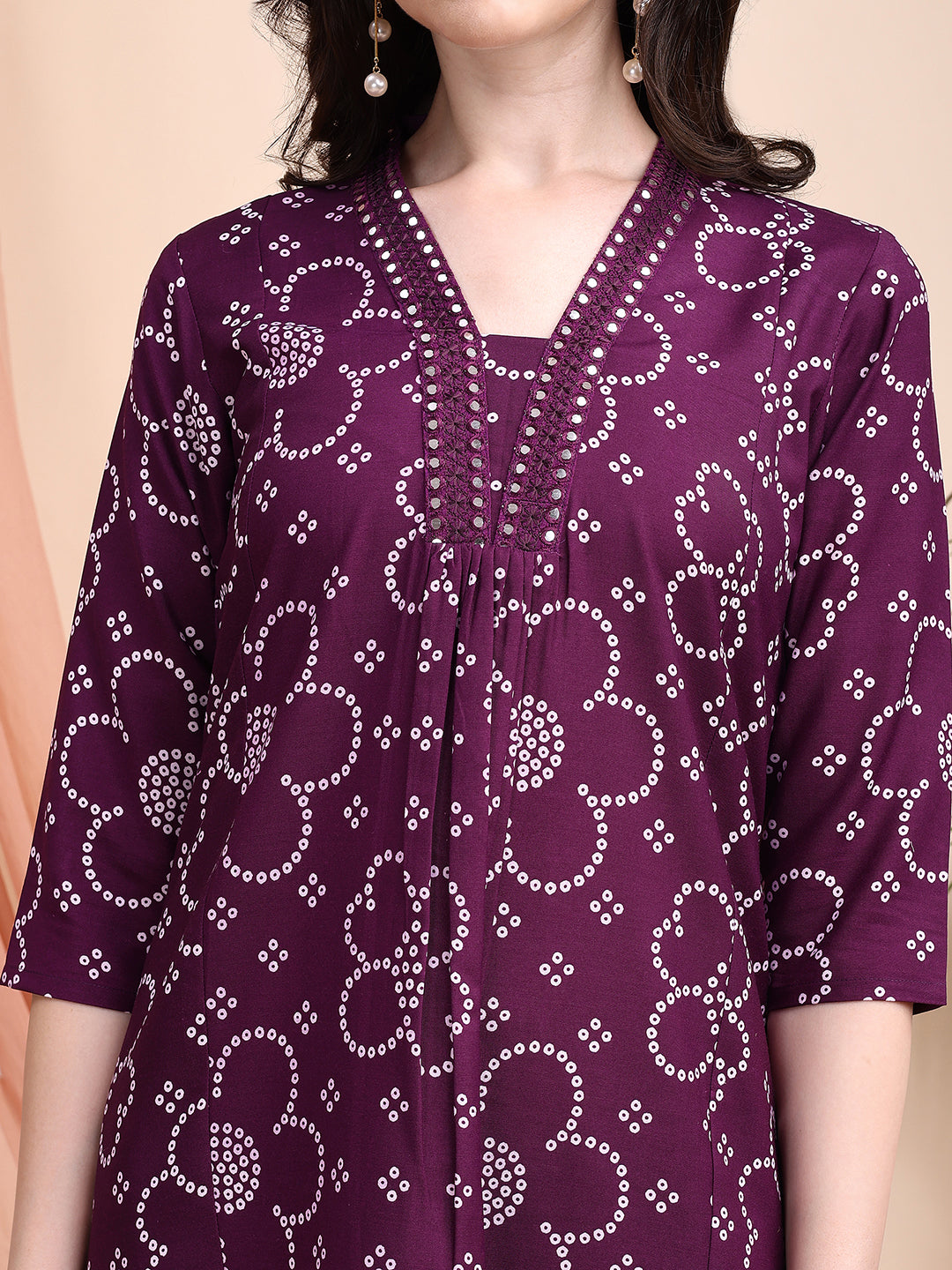 Purple A-Line Embroidered Bandhni Printed Kurta Set