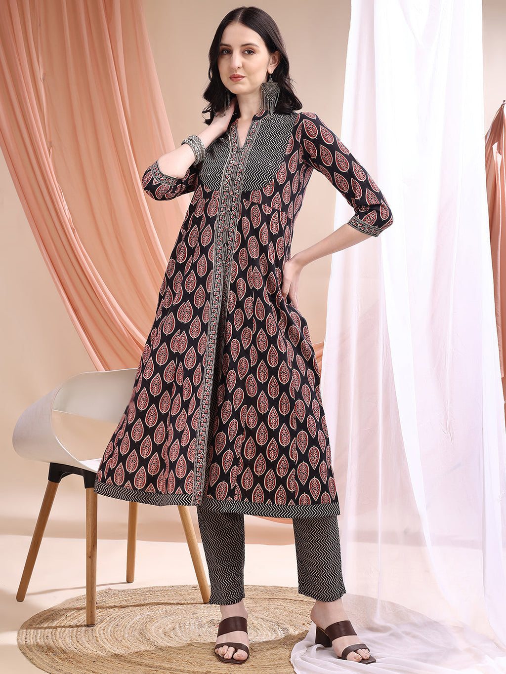 Front Slit A-Line Printed Kurta Set with Pant and Dupatta