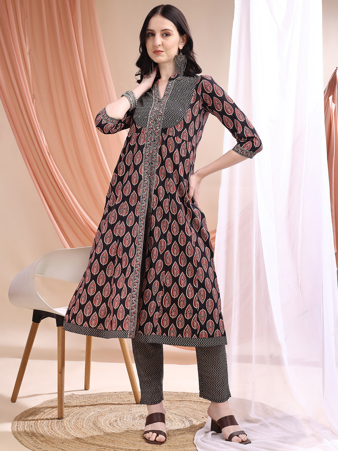 Front Slit A-Line Printed Kurta Set with Pant and Dupatta