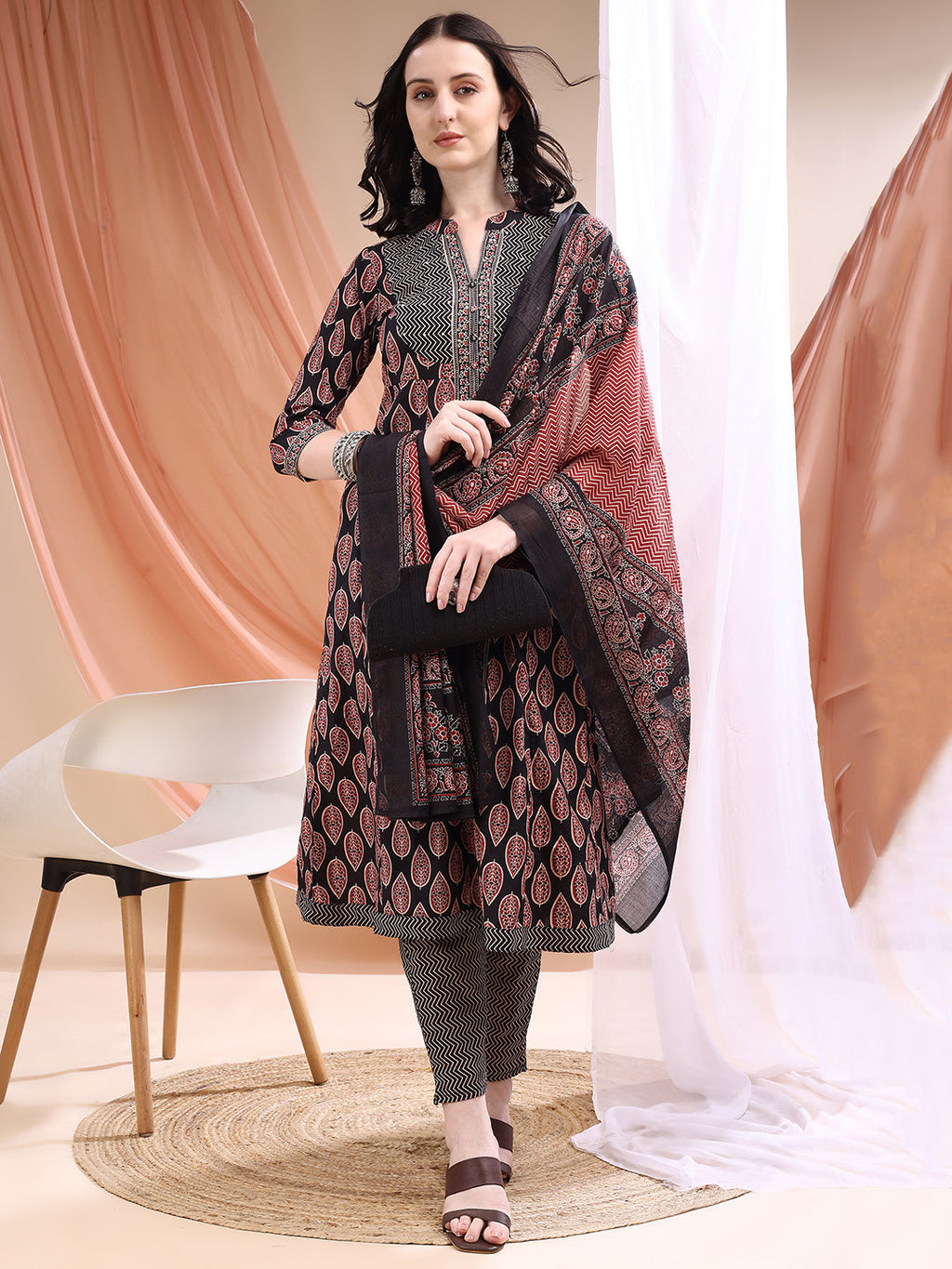 Front Slit A-Line Printed Kurta Set with Pant and Dupatta
