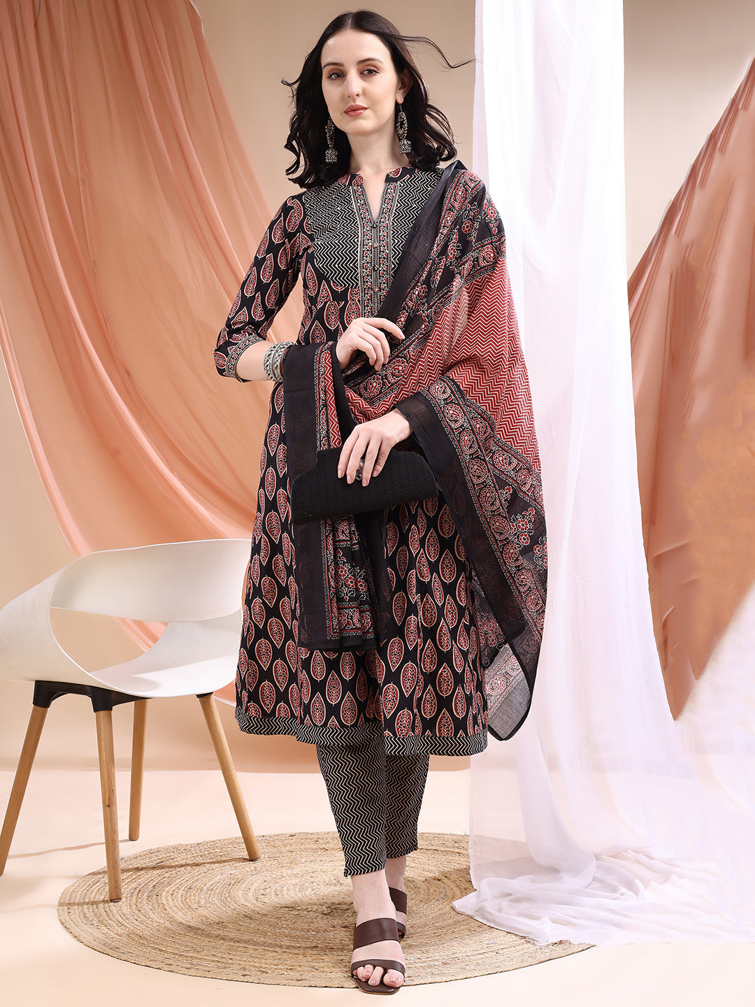 Front Slit A-Line Printed Kurta Set with Pant and Dupatta