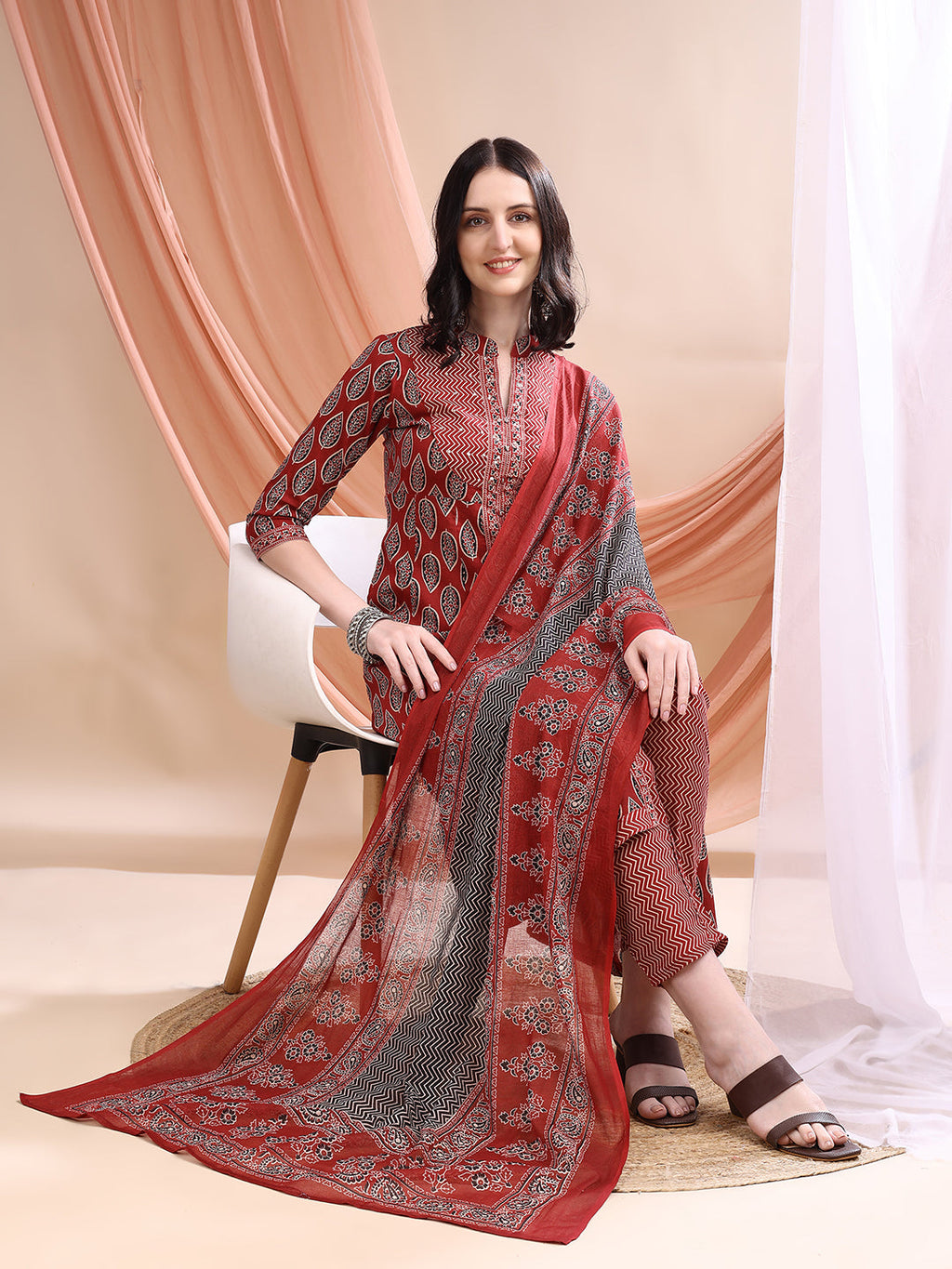 Maroon A-Line Printed Kurta with Front Slit, Pant and Dupatta