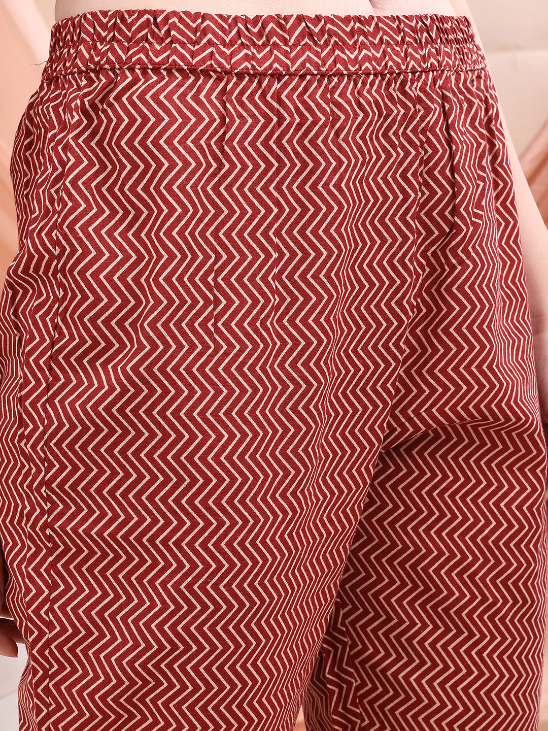 Maroon A-Line Printed Kurta with Front Slit, Pant and Dupatta