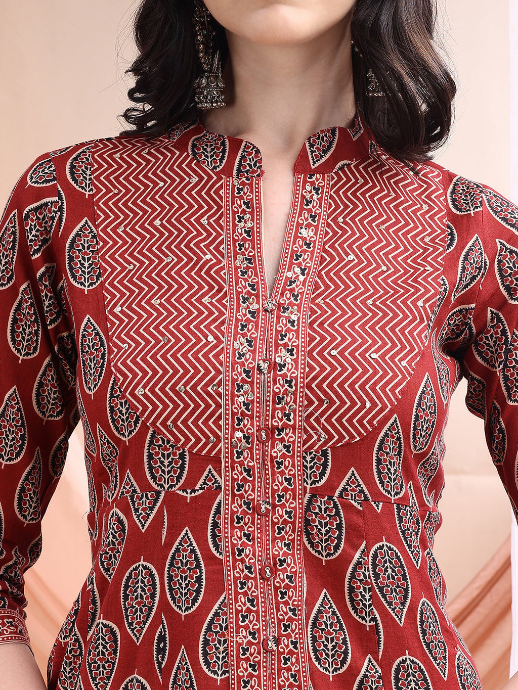 Maroon A-Line Printed Kurta with Front Slit, Pant and Dupatta