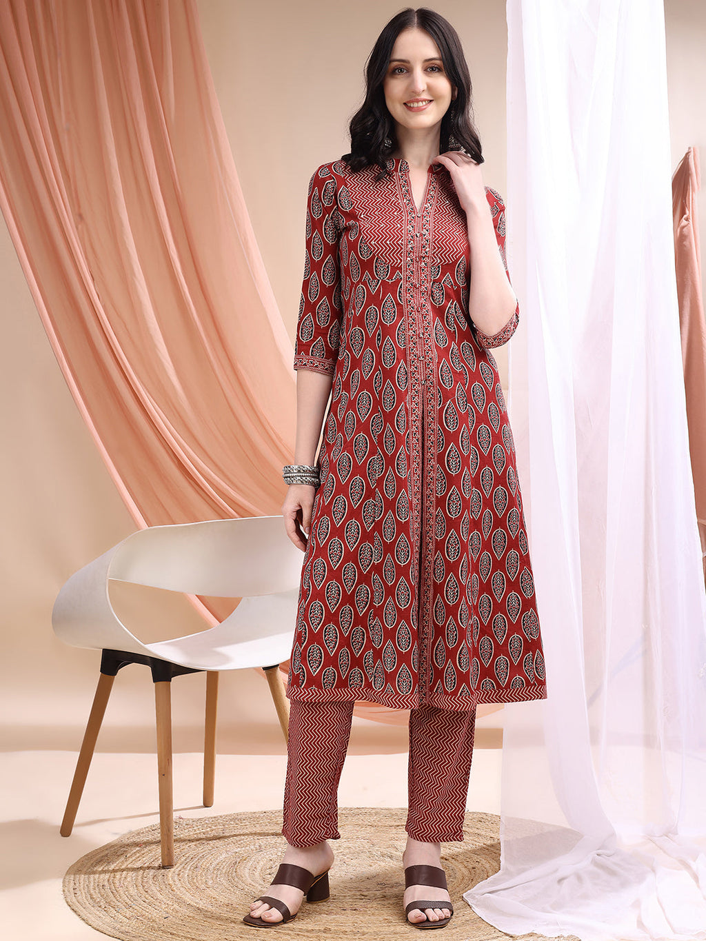 Maroon A-Line Printed Kurta with Front Slit, Pant and Dupatta