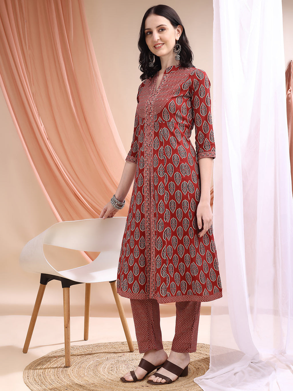 Maroon A-Line Printed Kurta with Front Slit, Pant and Dupatta