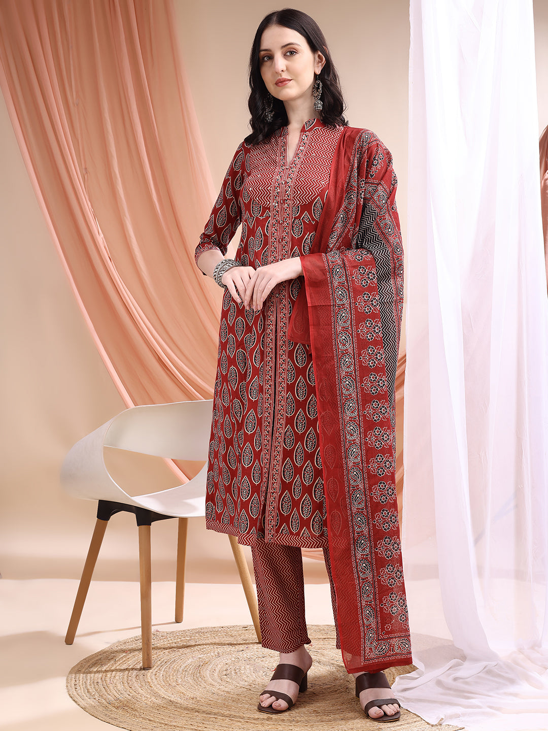 Maroon A-line printed kurta with front slit and matching pant set