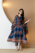 Blue Anarkali kurta set with ethnic motif print, featuring matching pants and dupatta.