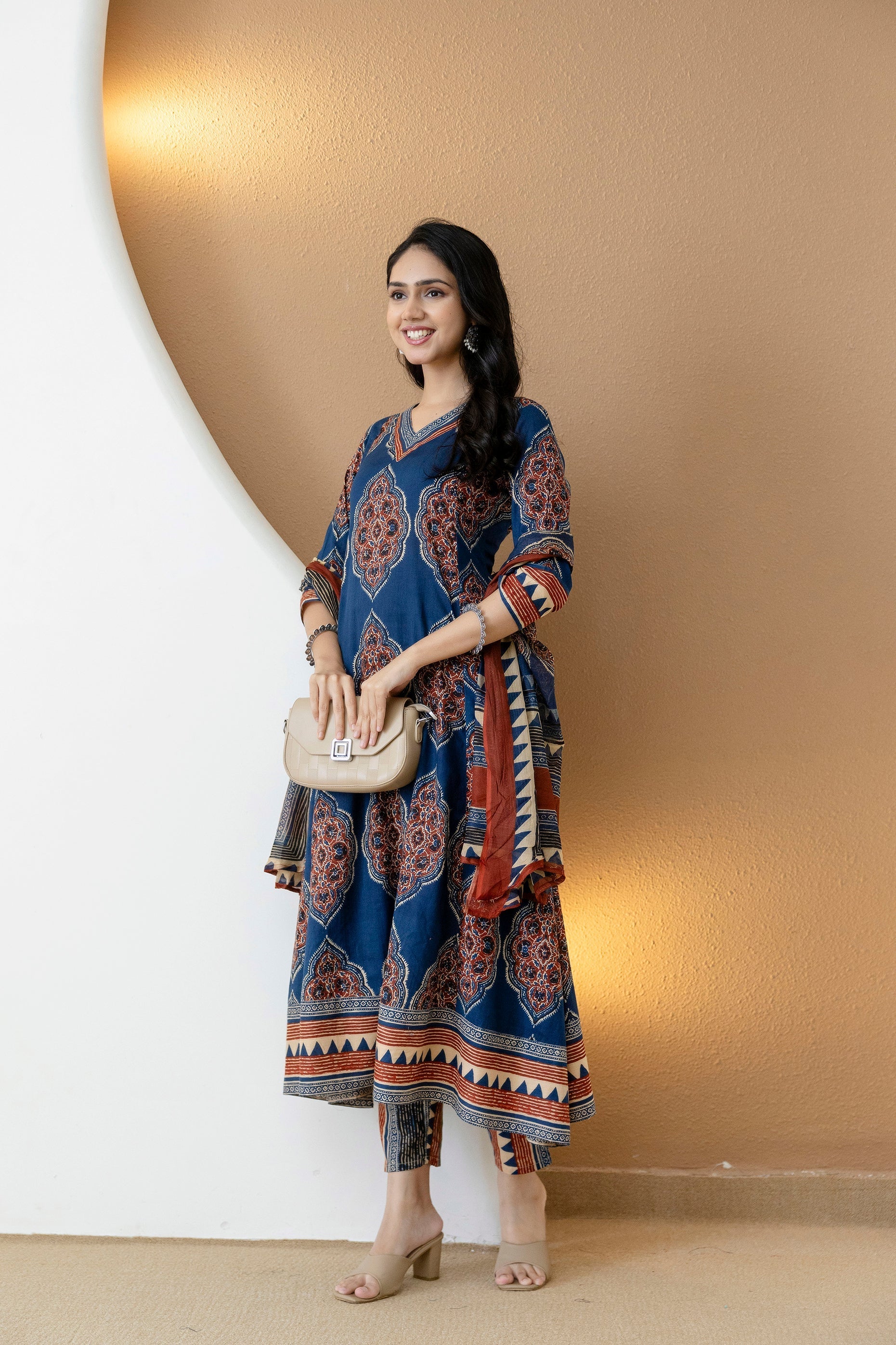 Blue Ethnic Motif Printed Anarkali Kurta Set with Pants & Dupatta