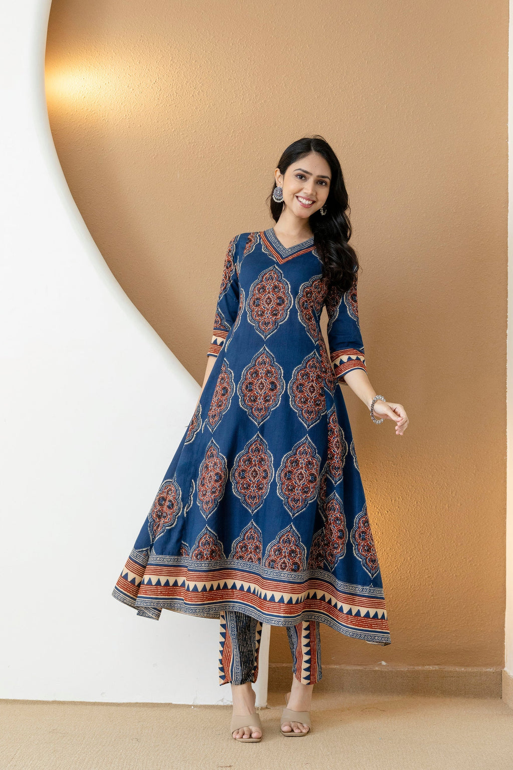 Blue Ethnic Motif Printed Anarkali Kurta Set with Pants & Dupatta