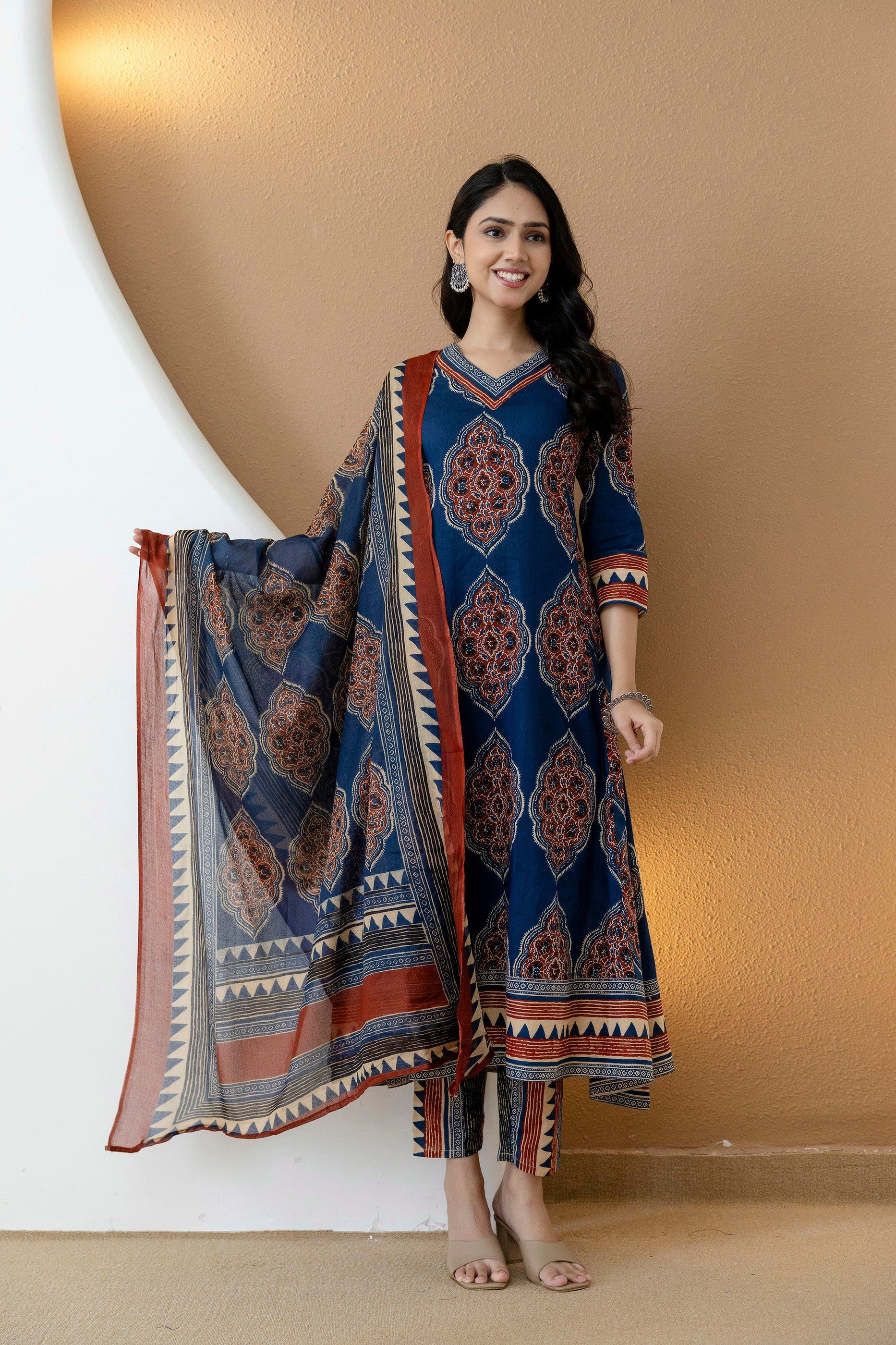 Blue Ethnic Motif Printed Anarkali Kurta Set with Pants & Dupatta