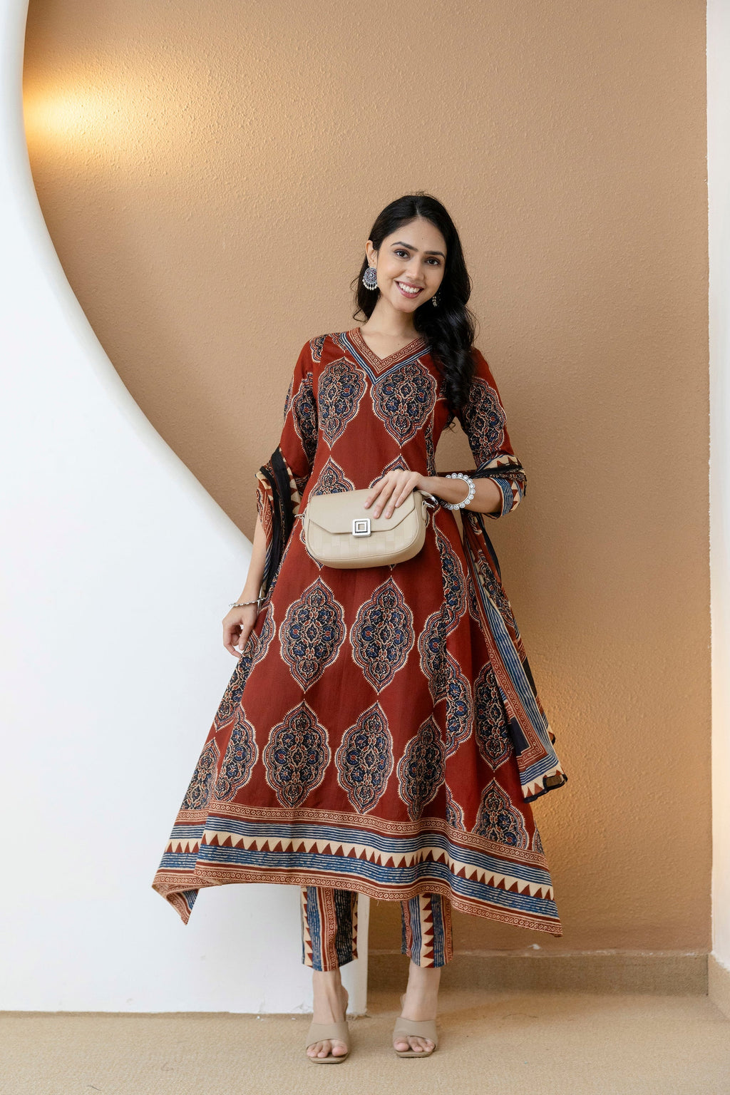 Rust Ethnic Motif Printed Anarkali Kurta Set with Pants & Dupatta