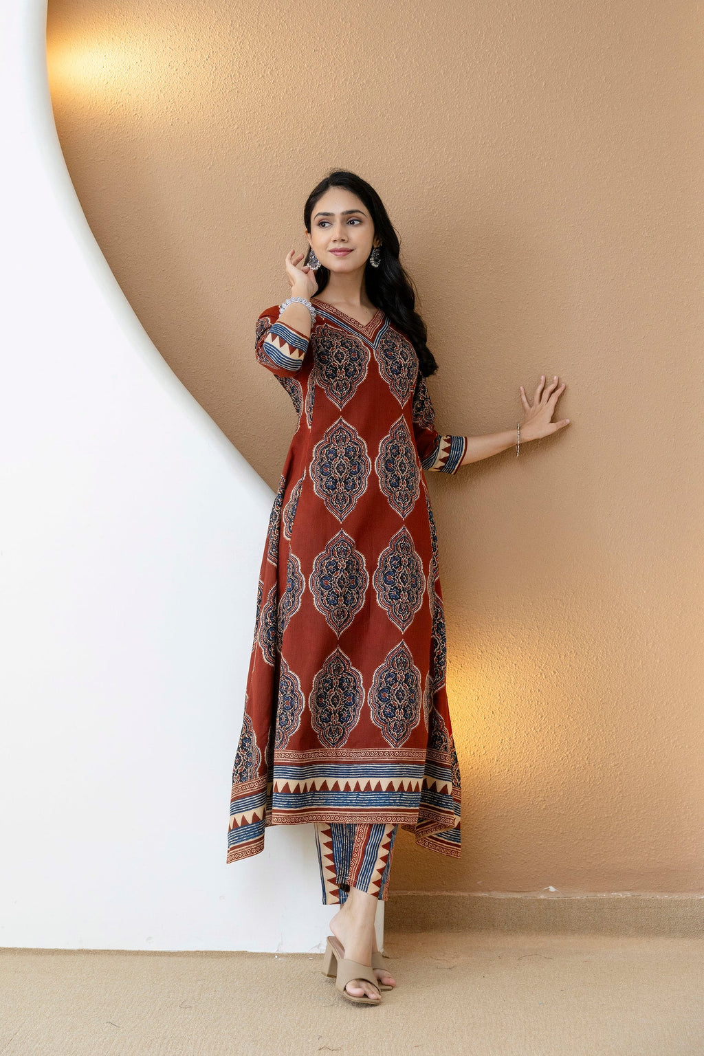 Rust Ethnic Motif Printed Anarkali Kurta Set with Pants & Dupatta