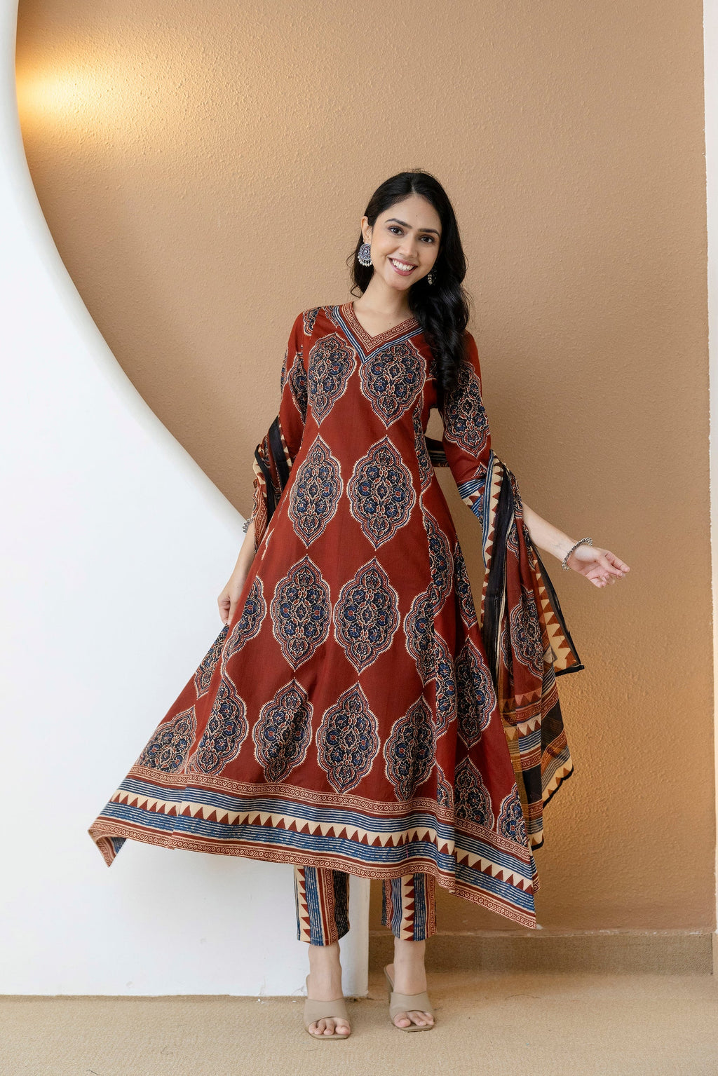 Rust Ethnic Motif Printed Anarkali Kurta Set with Pants & Dupatta