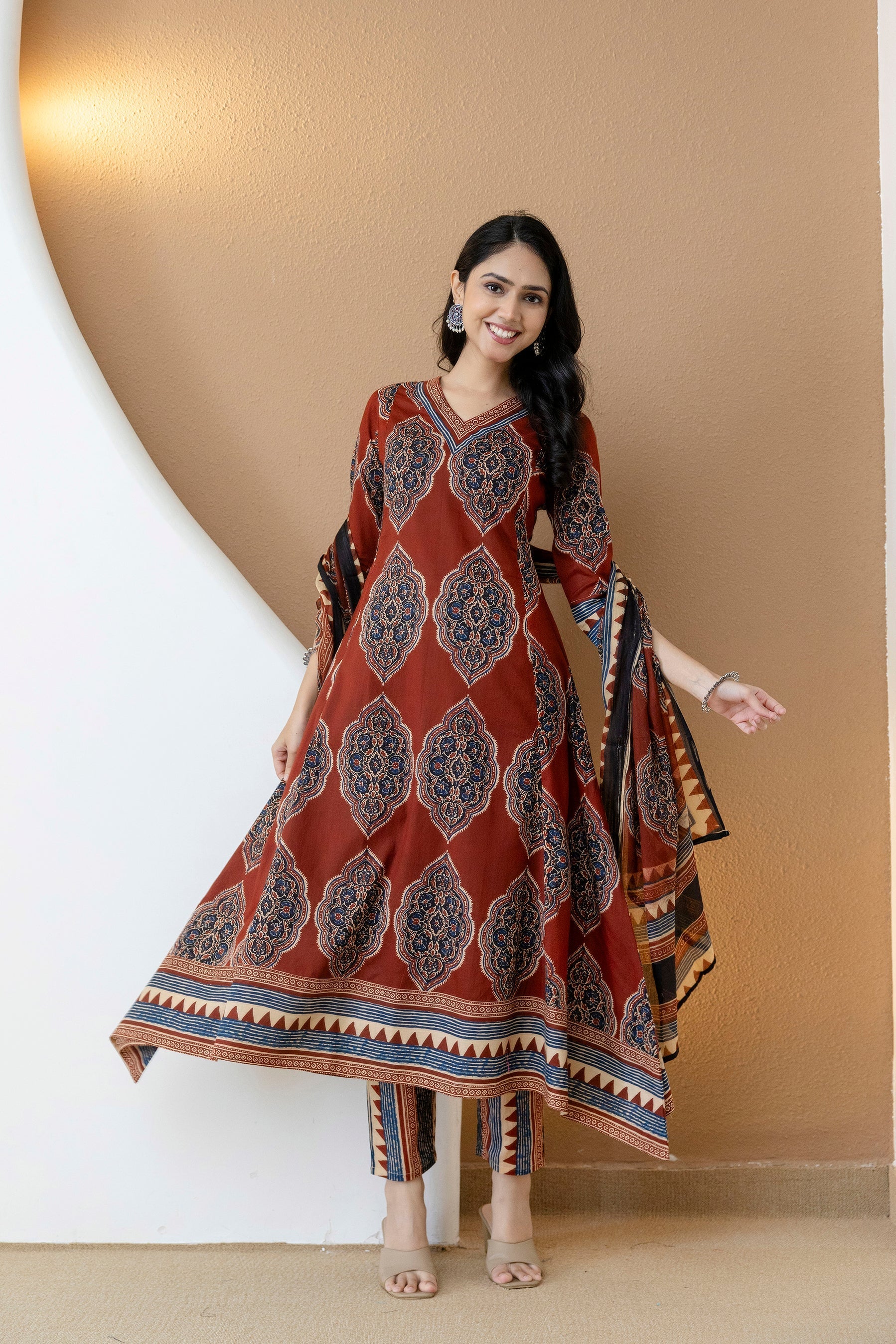 Rust Ethnic Motif Printed Anarkali Kurta Set with Pants & Dupatta