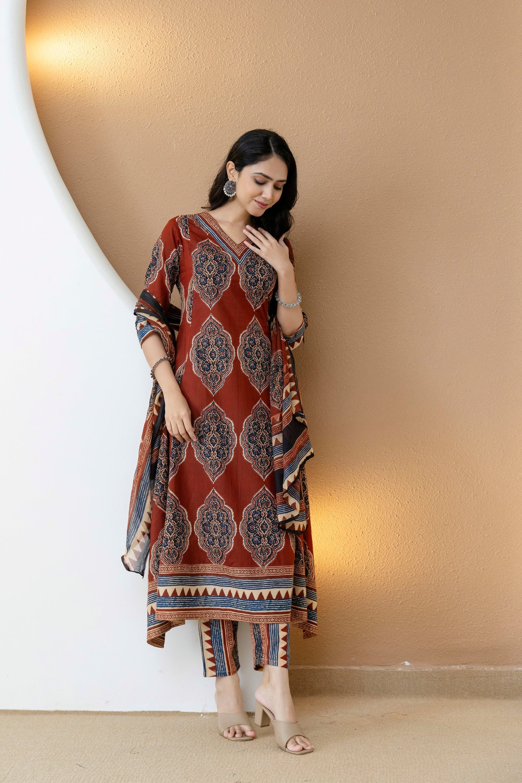 Rust Ethnic Motif Printed Anarkali Kurta Set with Pants & Dupatta