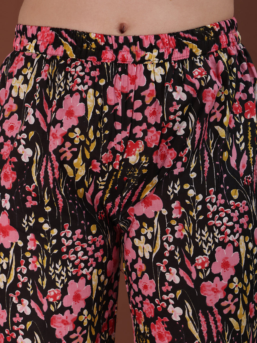 Black Embroidered Floral Printed Cotton Kurta Palazzo Set