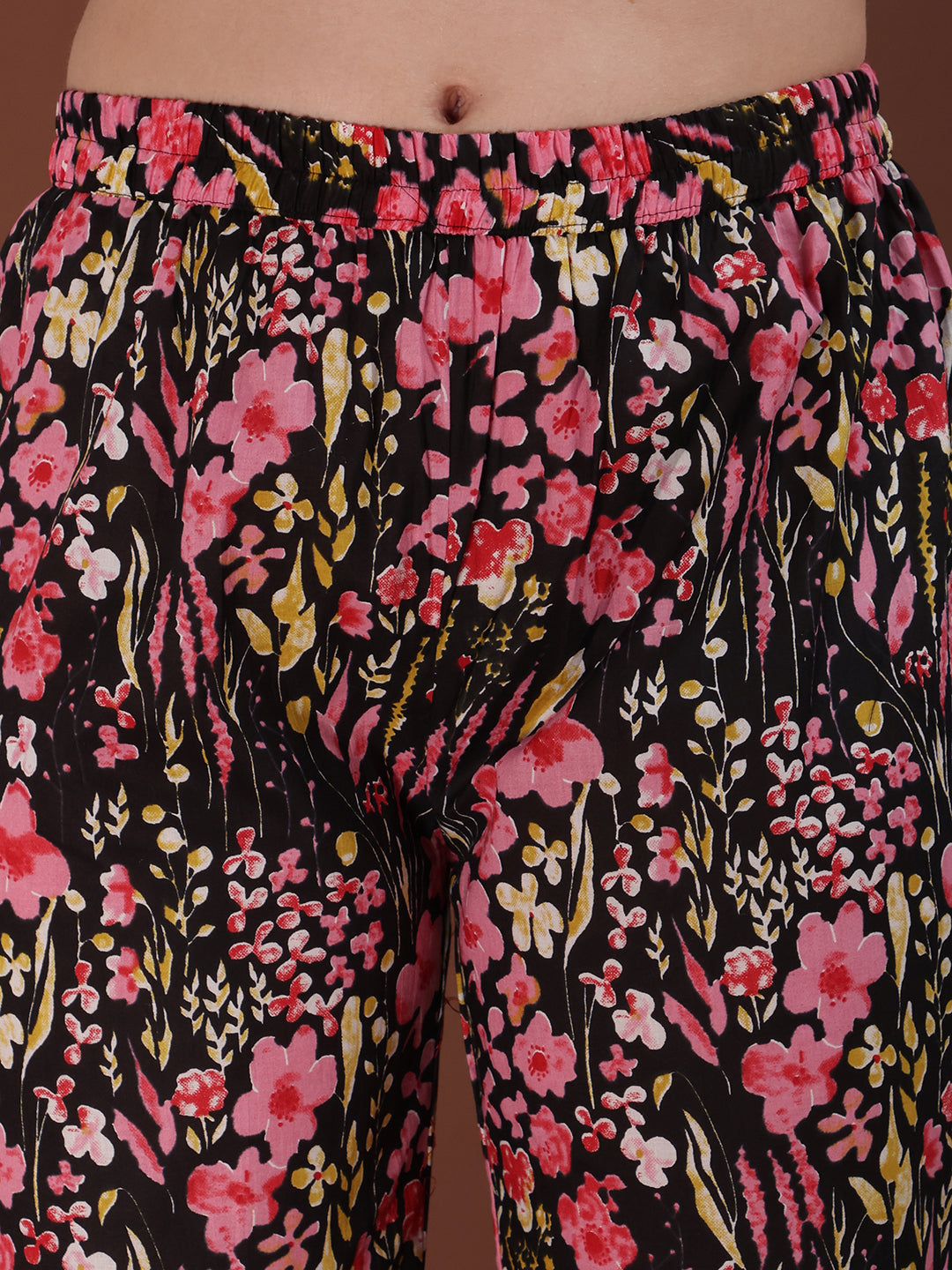 Black Embroidered Floral Printed Cotton Kurta Palazzo Set