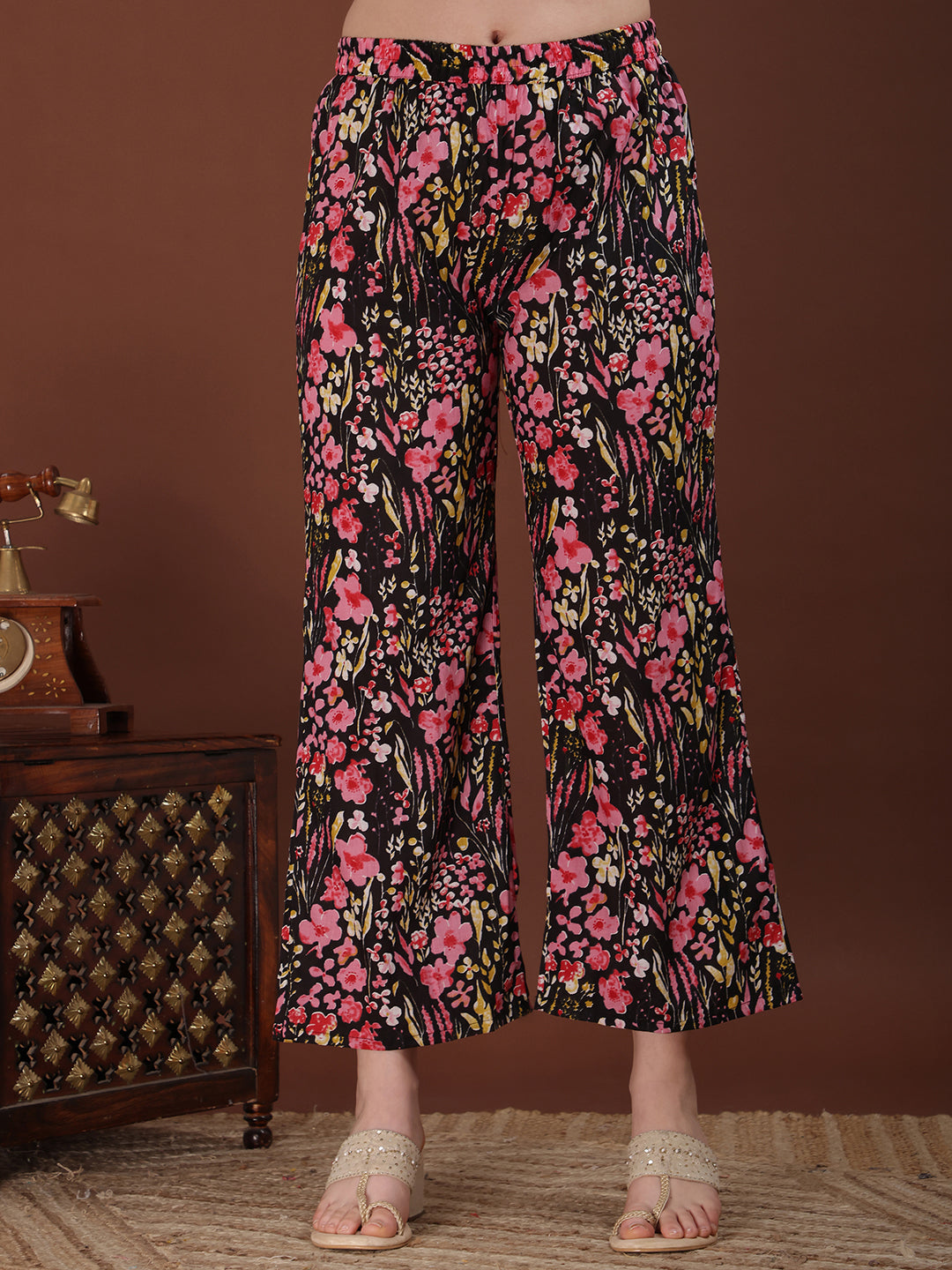 Black Embroidered Floral Printed Cotton Kurta Palazzo Set