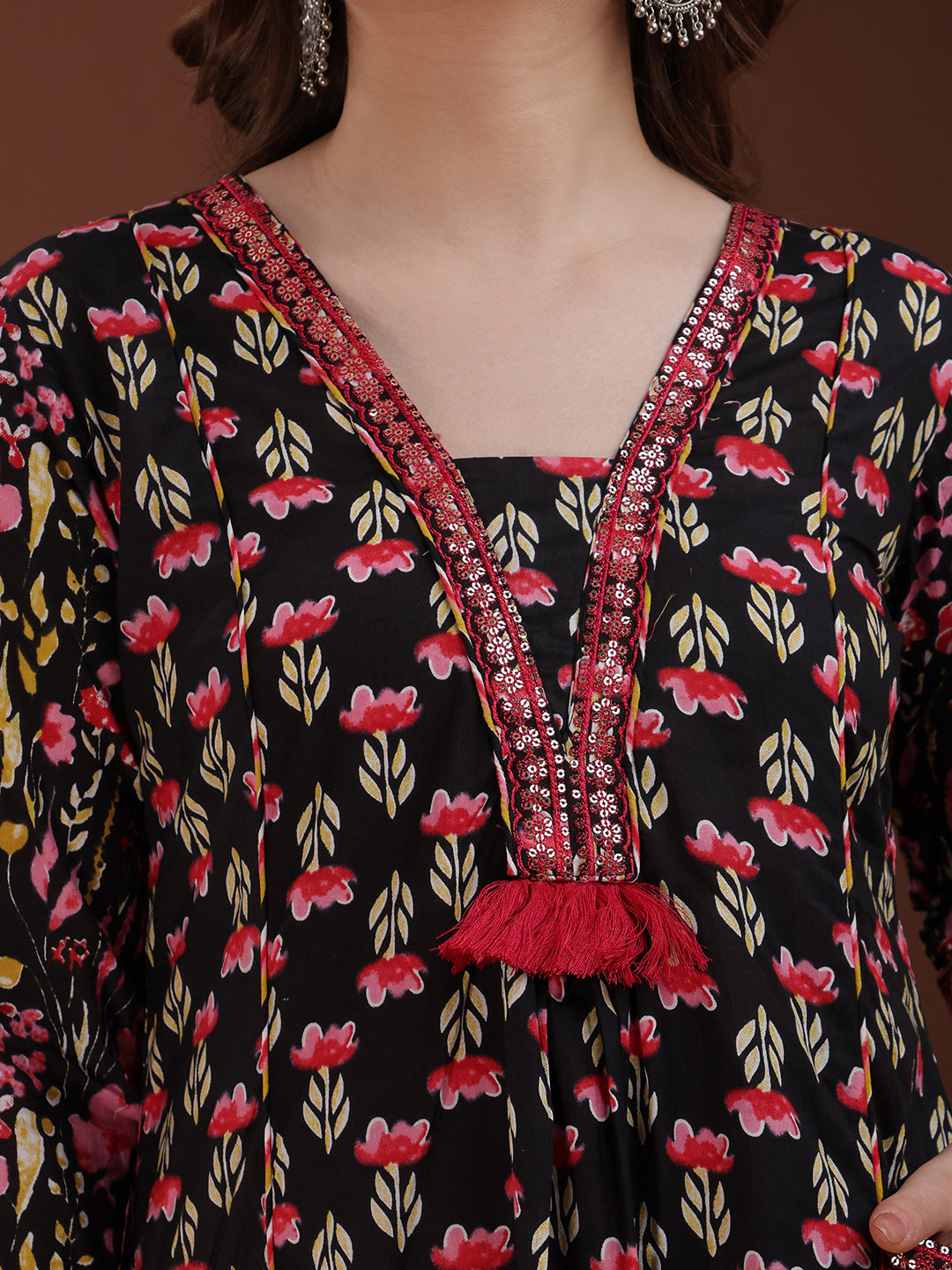 Black Embroidered Floral Printed Cotton Kurta Palazzo Set