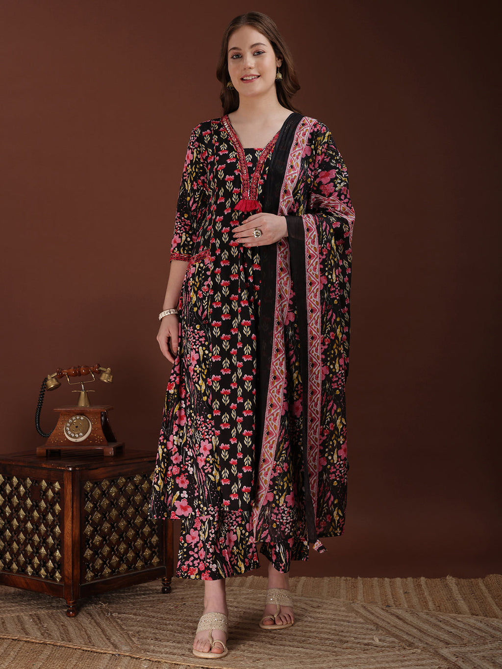 Black embroidered and floral printed cotton kurta with palazzo and dupatta