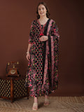 Black embroidered and floral printed cotton kurta with palazzo and dupatta