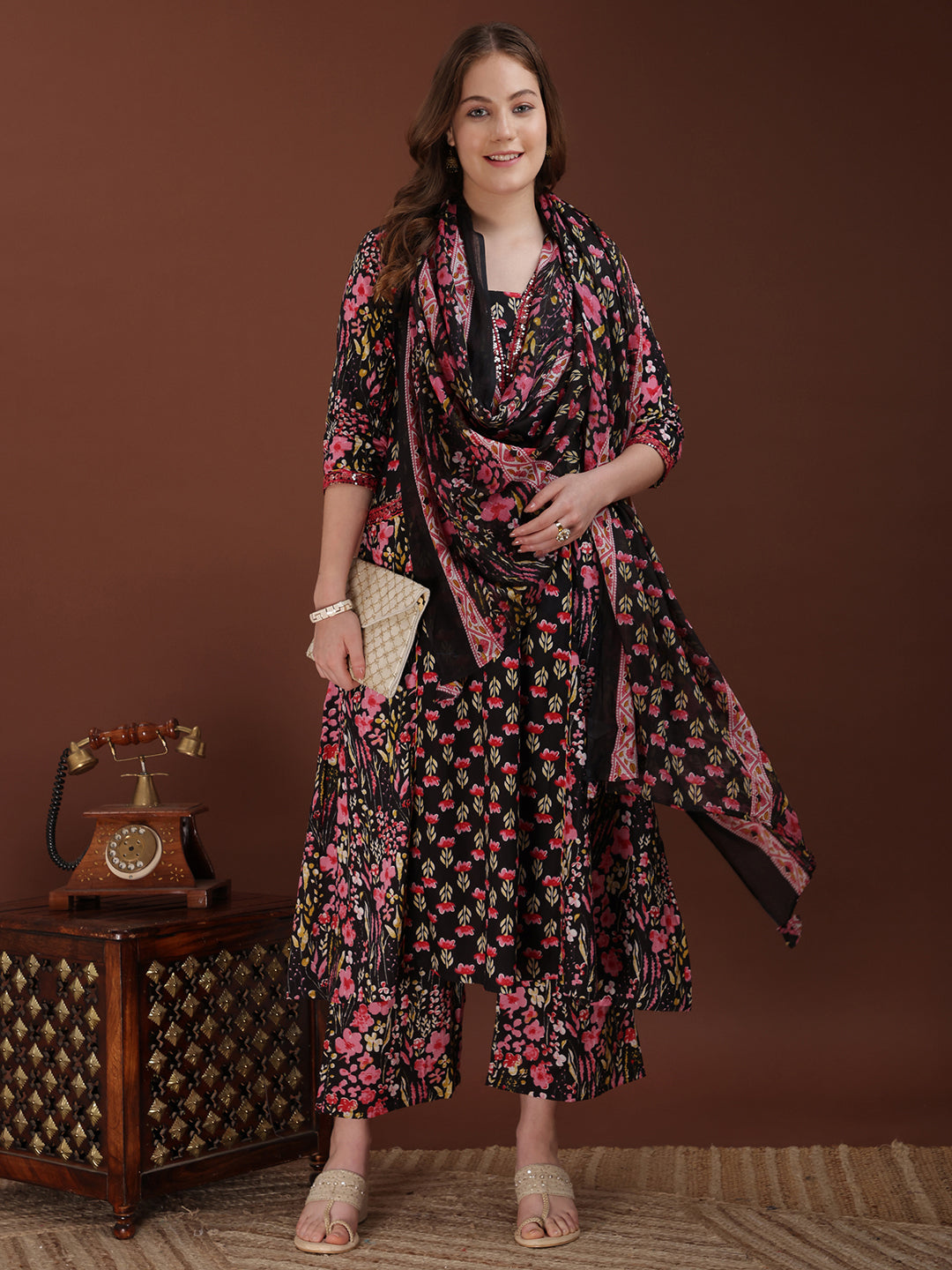 Black Embroidered Floral Printed Cotton Kurta Palazzo Set