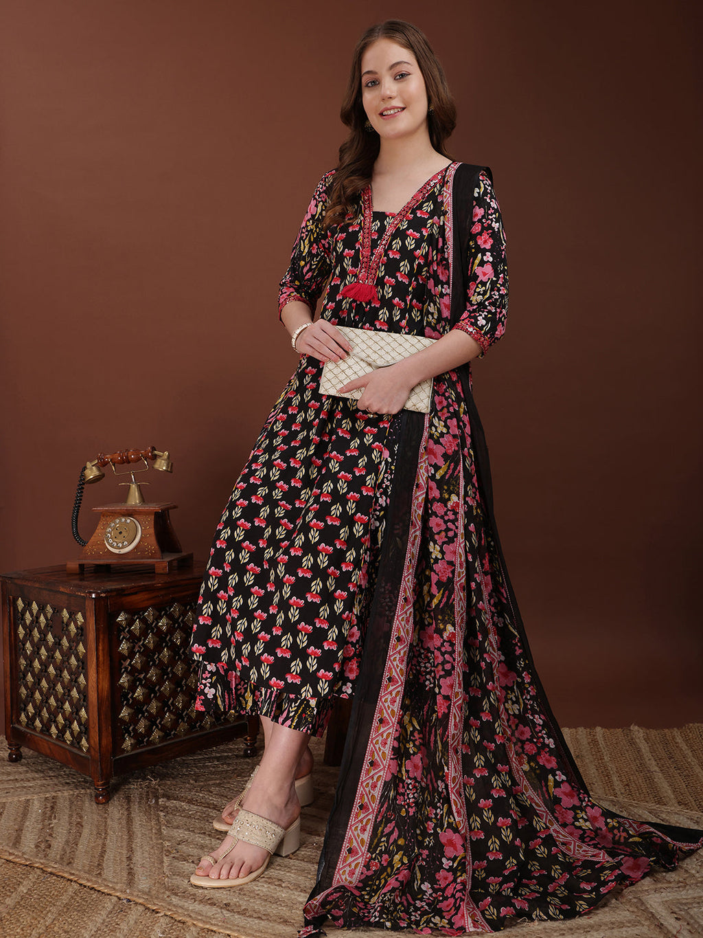 Black Embroidered Floral Printed Cotton Kurta Palazzo Set