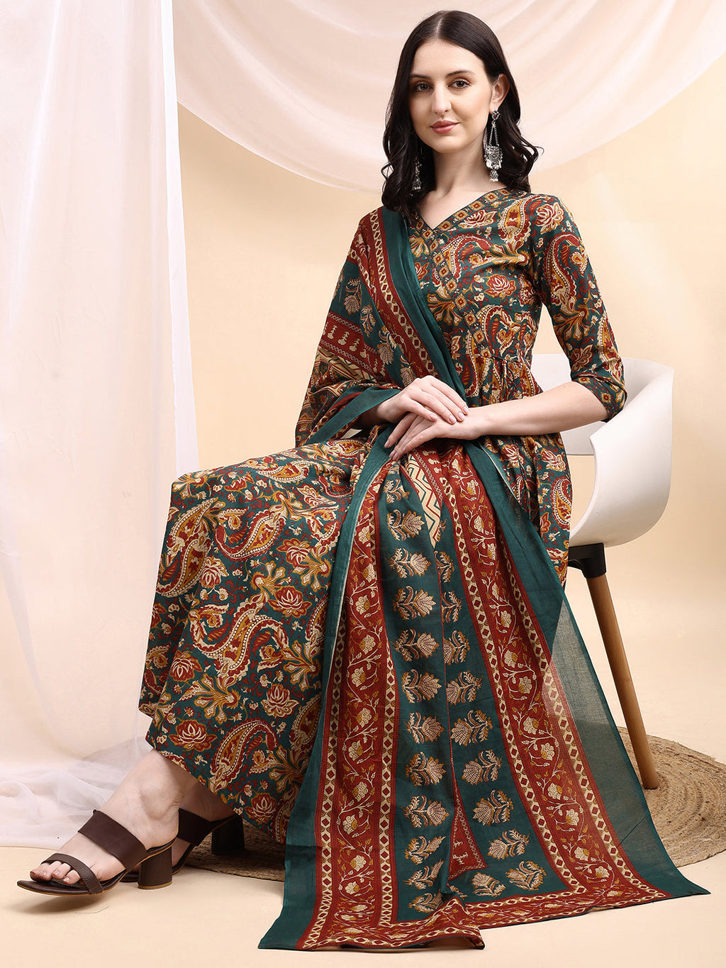 Bottle-Green Paisley Printed Angarkha Style Anarkali Kurta Set