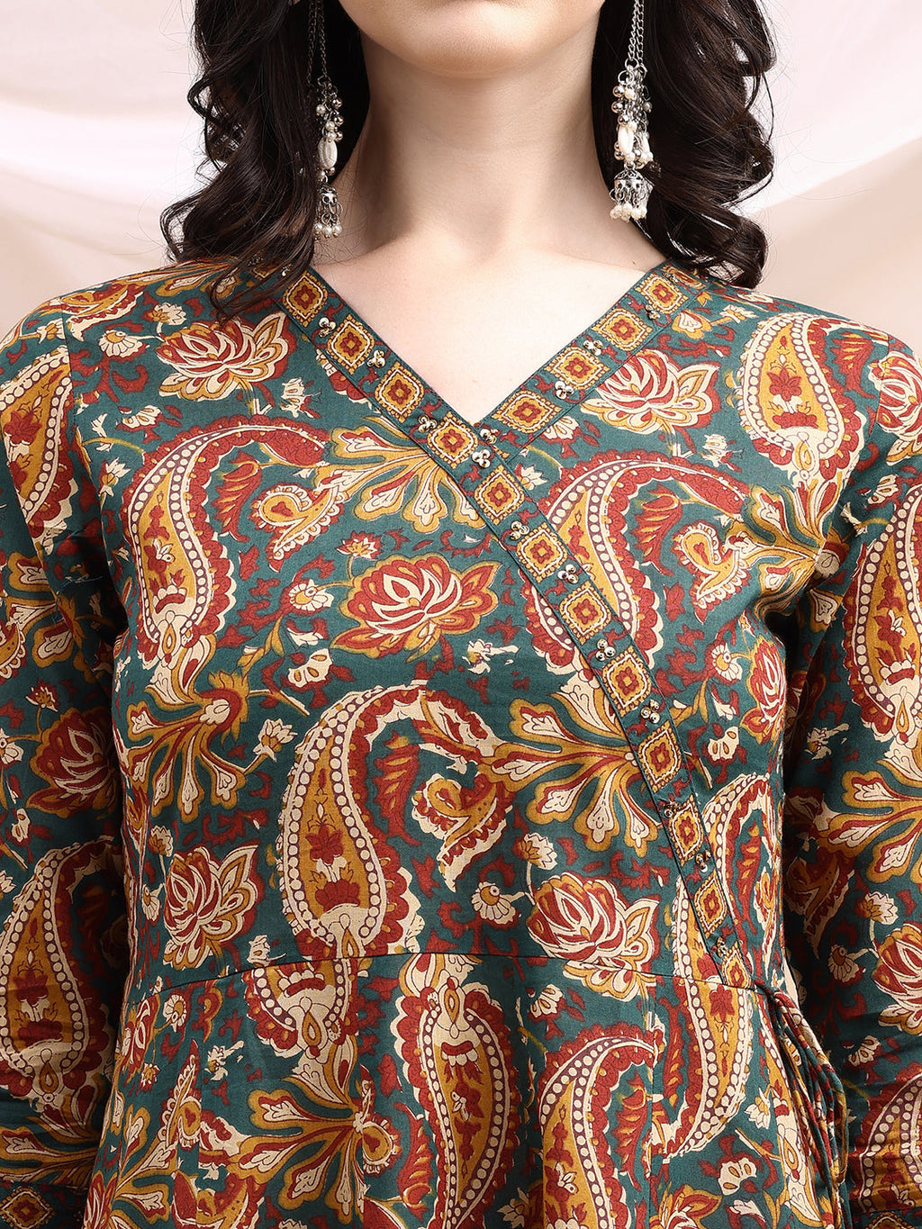 Bottle-Green Paisley Printed Angarkha Style Anarkali Kurta Set