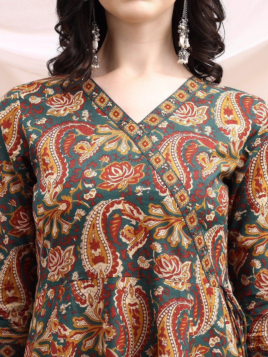 Bottle-Green Paisley Printed Angarkha Style Anarkali Kurta Set