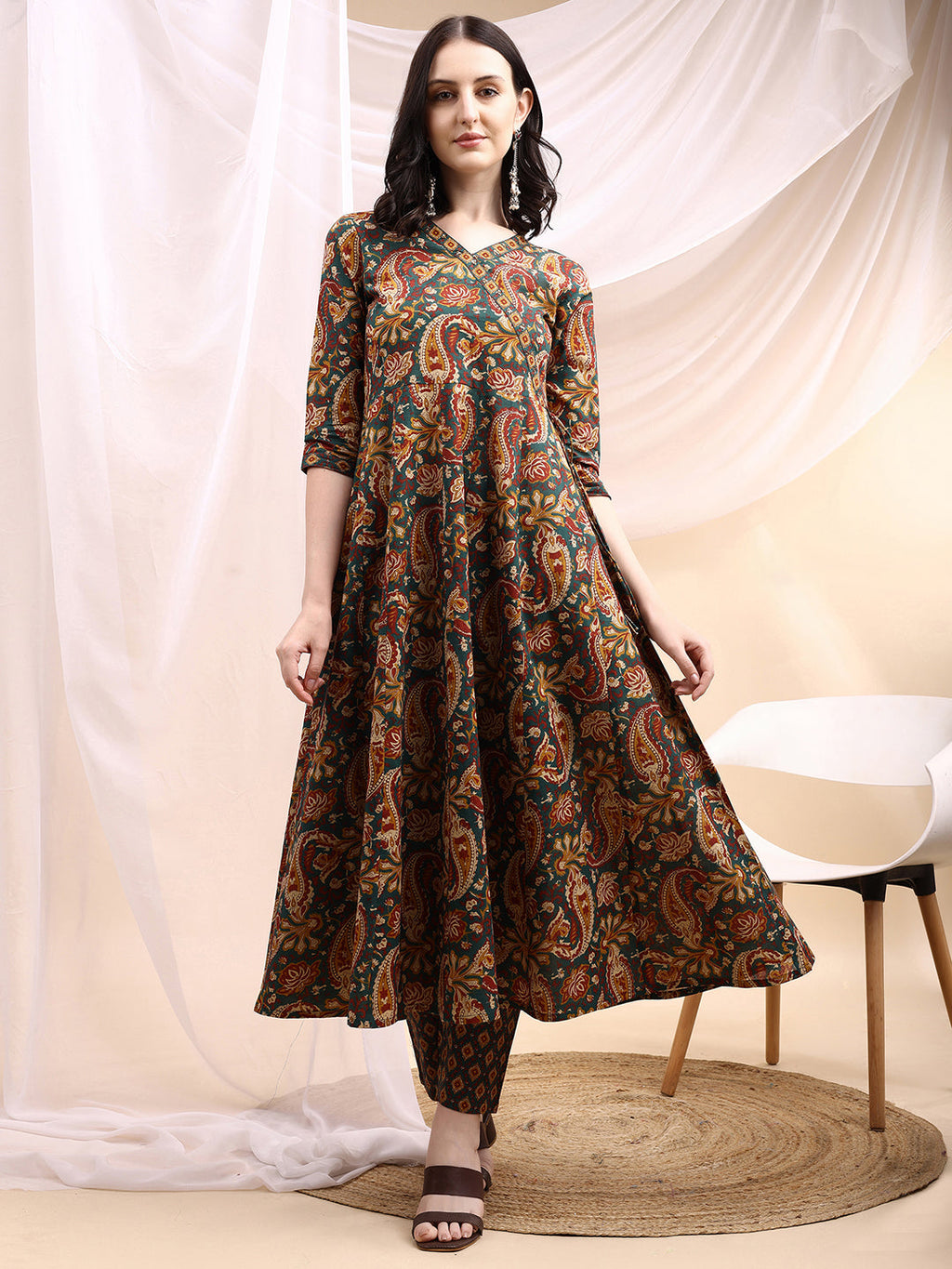 Bottle-Green Paisley Printed Angarkha Style Anarkali Kurta Set