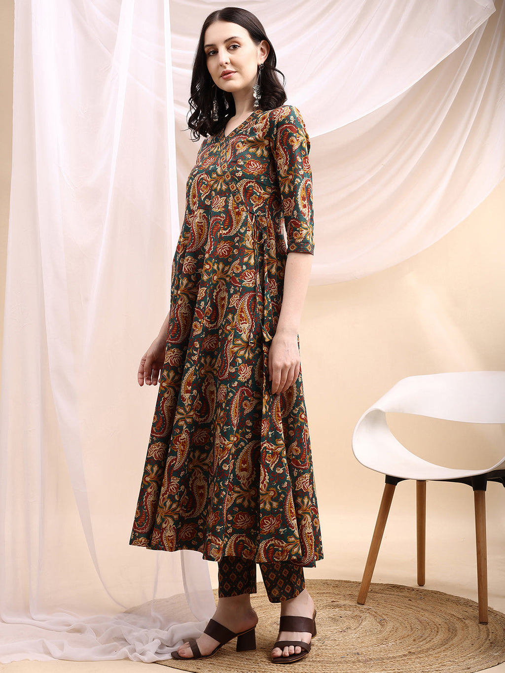 Bottle-Green Paisley Printed Angarkha Style Anarkali Kurta Set