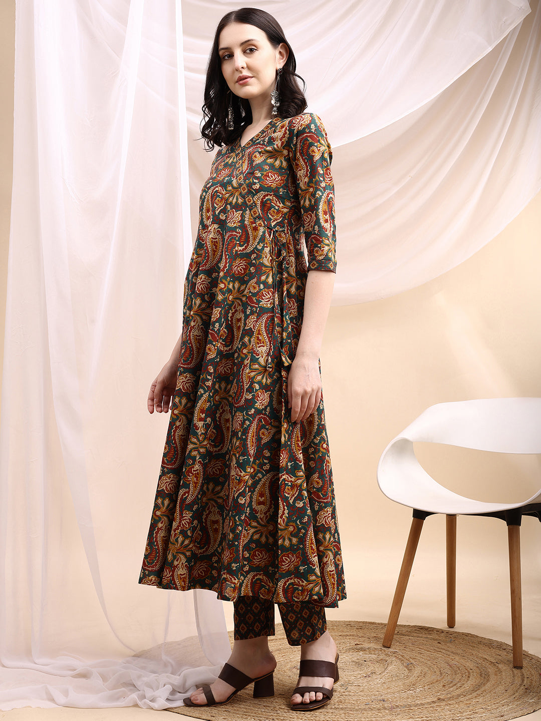 Bottle-Green Paisley Printed Angarkha Style Anarkali Kurta Set