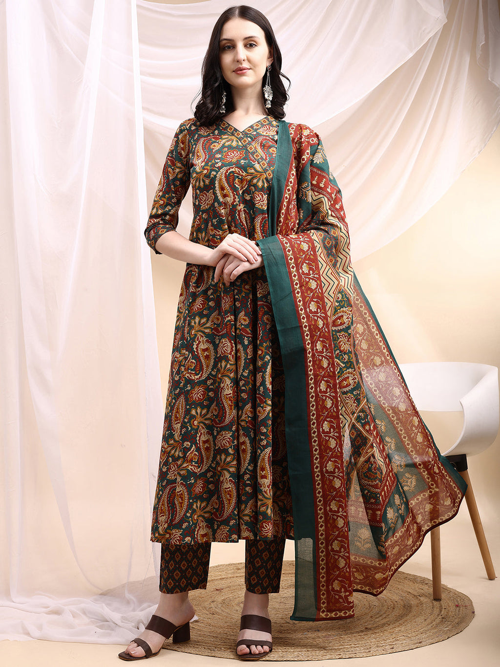 Bottle-green paisley printed Angarkha style Anarkali kurta with pant and dupatta