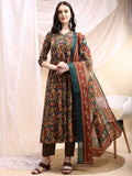 Bottle-green paisley printed Angarkha style Anarkali kurta with pant and dupatta