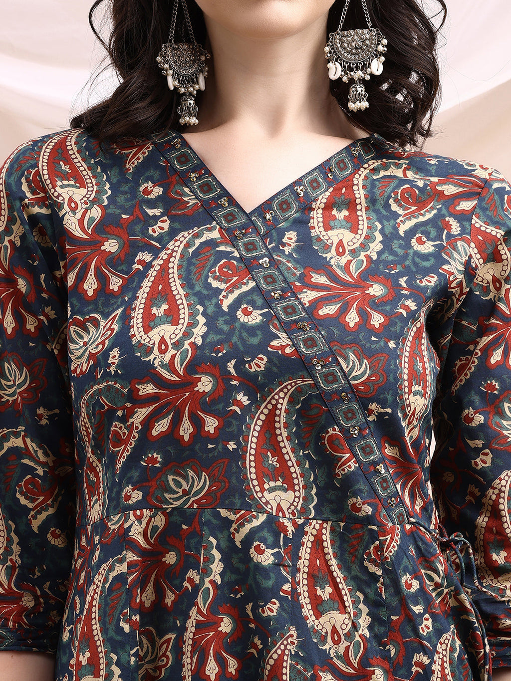 Navy Blue Paisley Printed Angarkha Style Anarkali Kurta Set