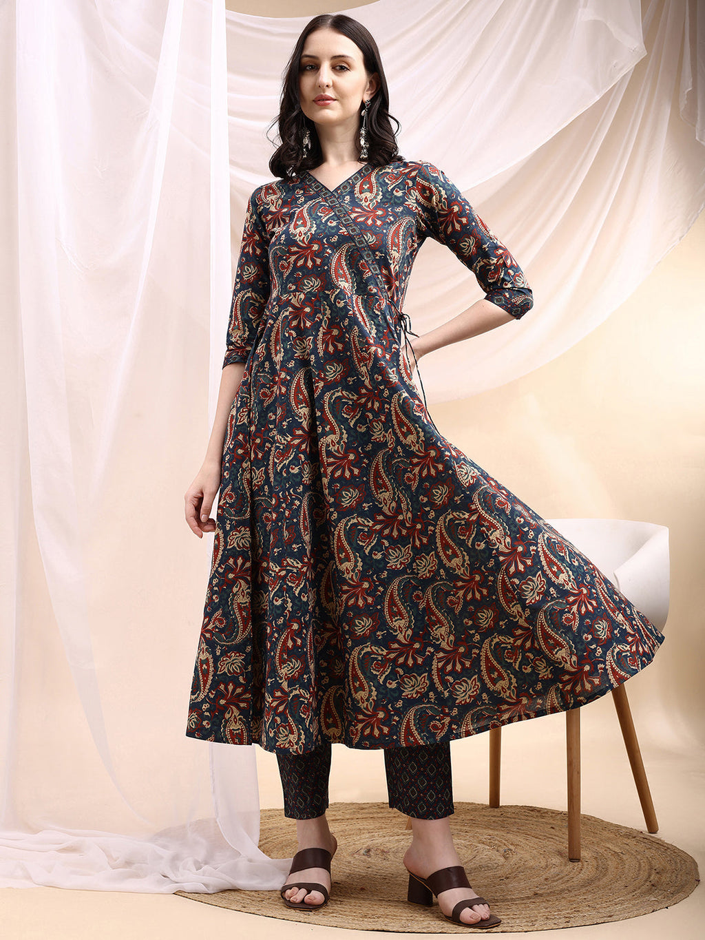 Navy Blue Paisley Printed Angarkha Style Anarkali Kurta Set