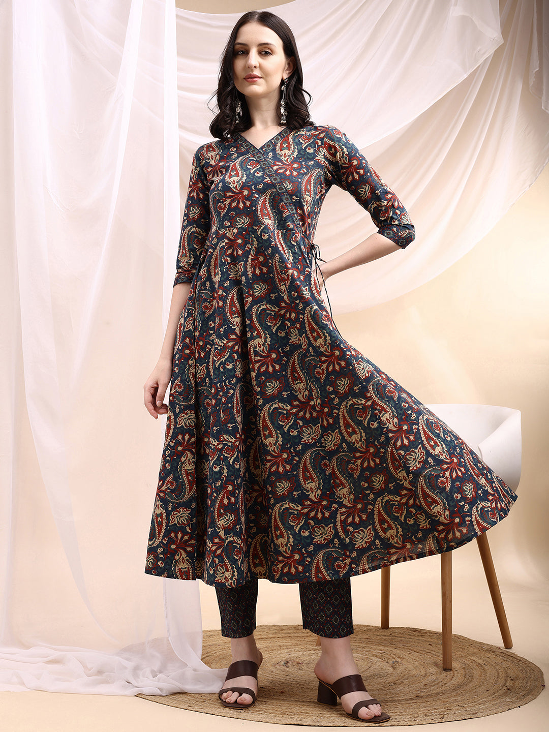 Navy Blue Paisley Printed Angarkha Style Anarkali Kurta Set