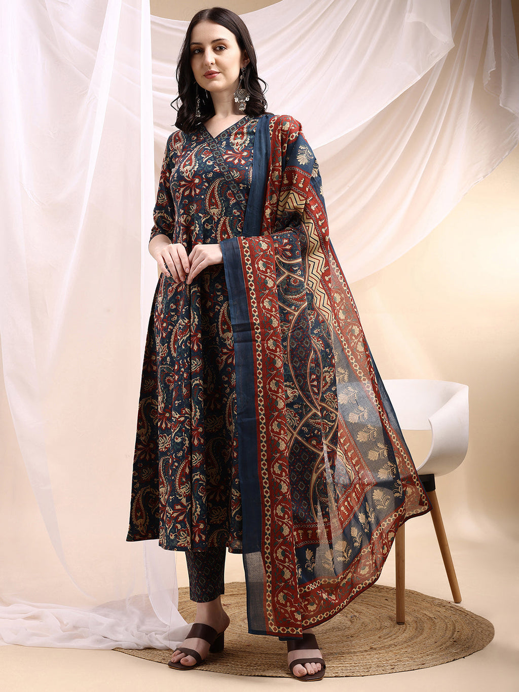 Navy Blue Paisley printed Angarkha style Anarkali kurta with pant and dupatta